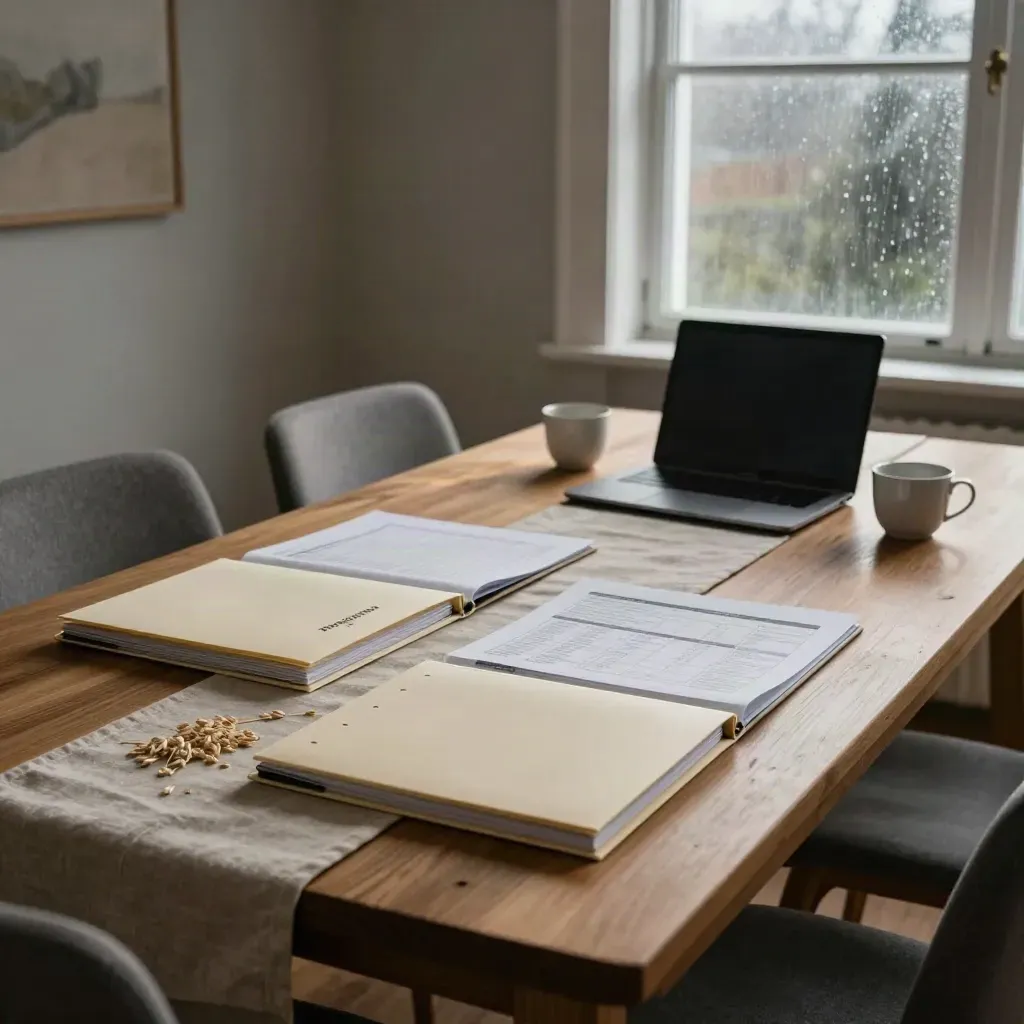 Mörkt matbord med pensionsmappar, stängd laptop och koppar i kvällsljus vid regnigt fönster.